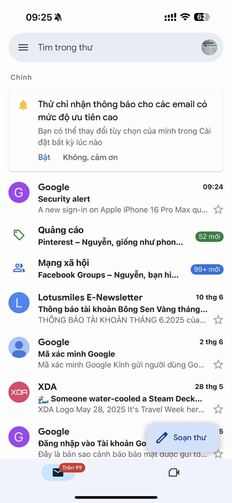 Người dùng có thể bị làm phiền bởi một lượng lớn hộp thư đến.